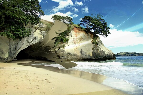 The shore of the island with a cave and beautiful waves