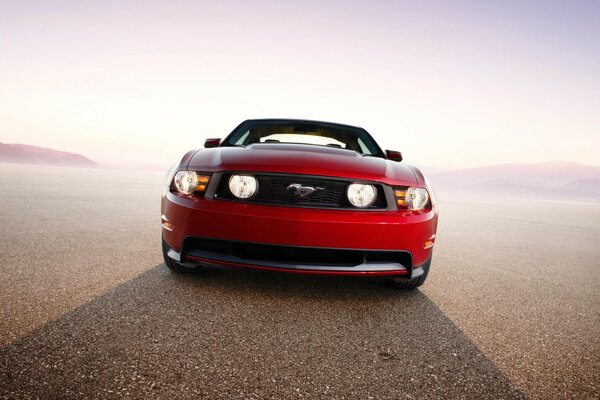 Red Ford Mustang on the road in the sun