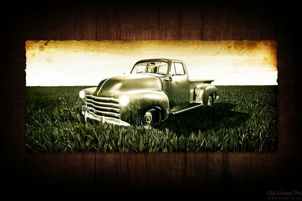 Vintage photo of an old pickup truck on the lawn