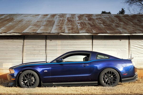 Mustang bleu paillette au soleil dans la rue