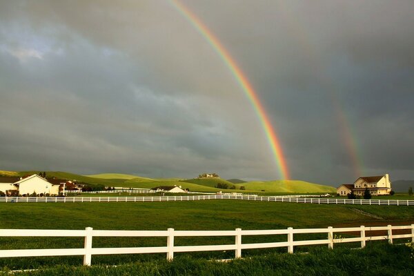 Hermoso paisaje con campo y arco iris