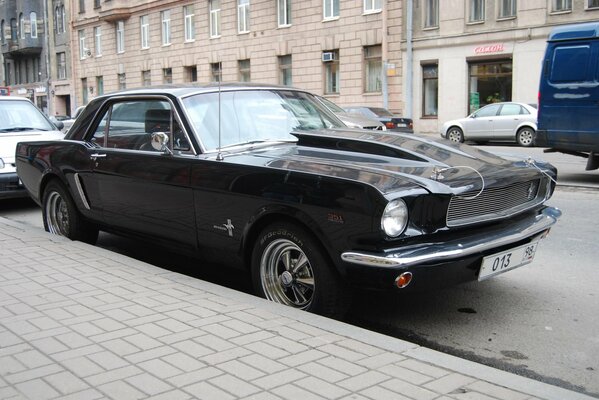 Rare Ford Mustang on the background of St. Petersburg houses