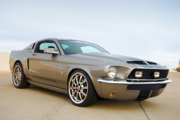 Shelby s gray mustang close-up on the road