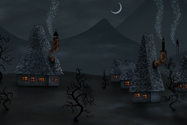 A mill in a painted night village, where the lights are on in the houses and smoke billows from the chimneys