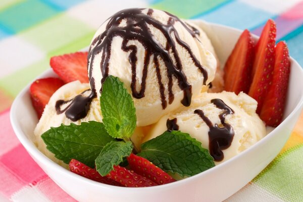 Iced ice cream with strawberries and mint