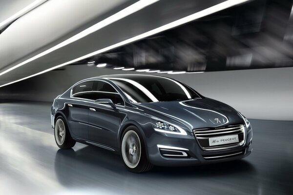 Peugeot on the highway in a tunnel on a gray-white background