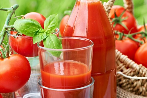 Tomato juice in a glass glass