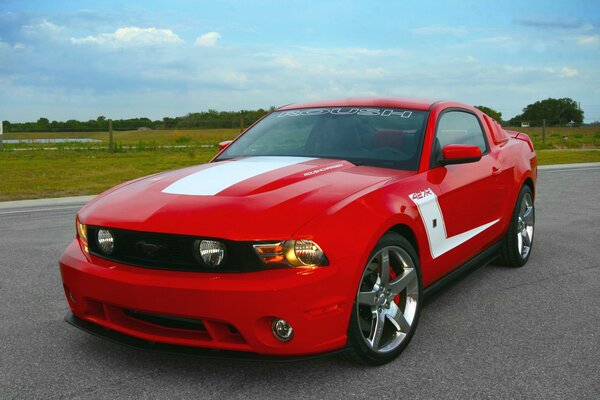 Ford Mustang rouge dans la nature