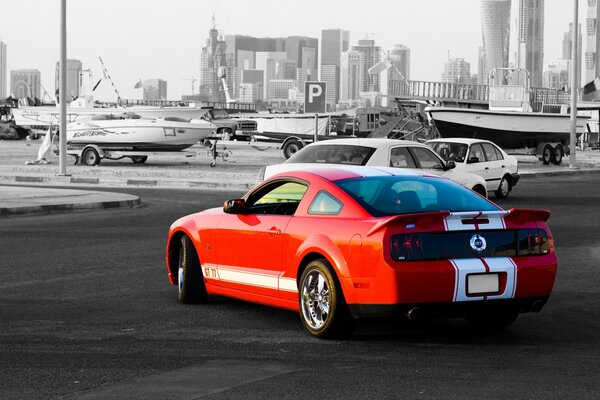 Red racing car in the city