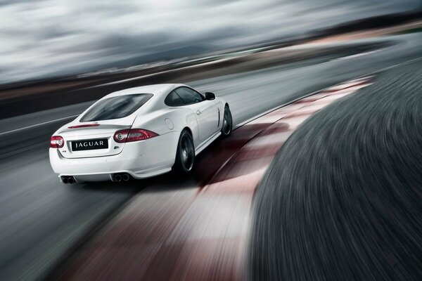 Jaguar XKR blanc à la vitesse