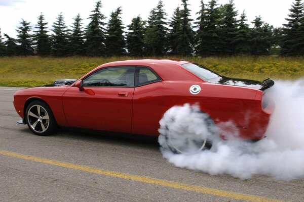 Dodge Challenger rouge en fumée sur la route dans la forêt