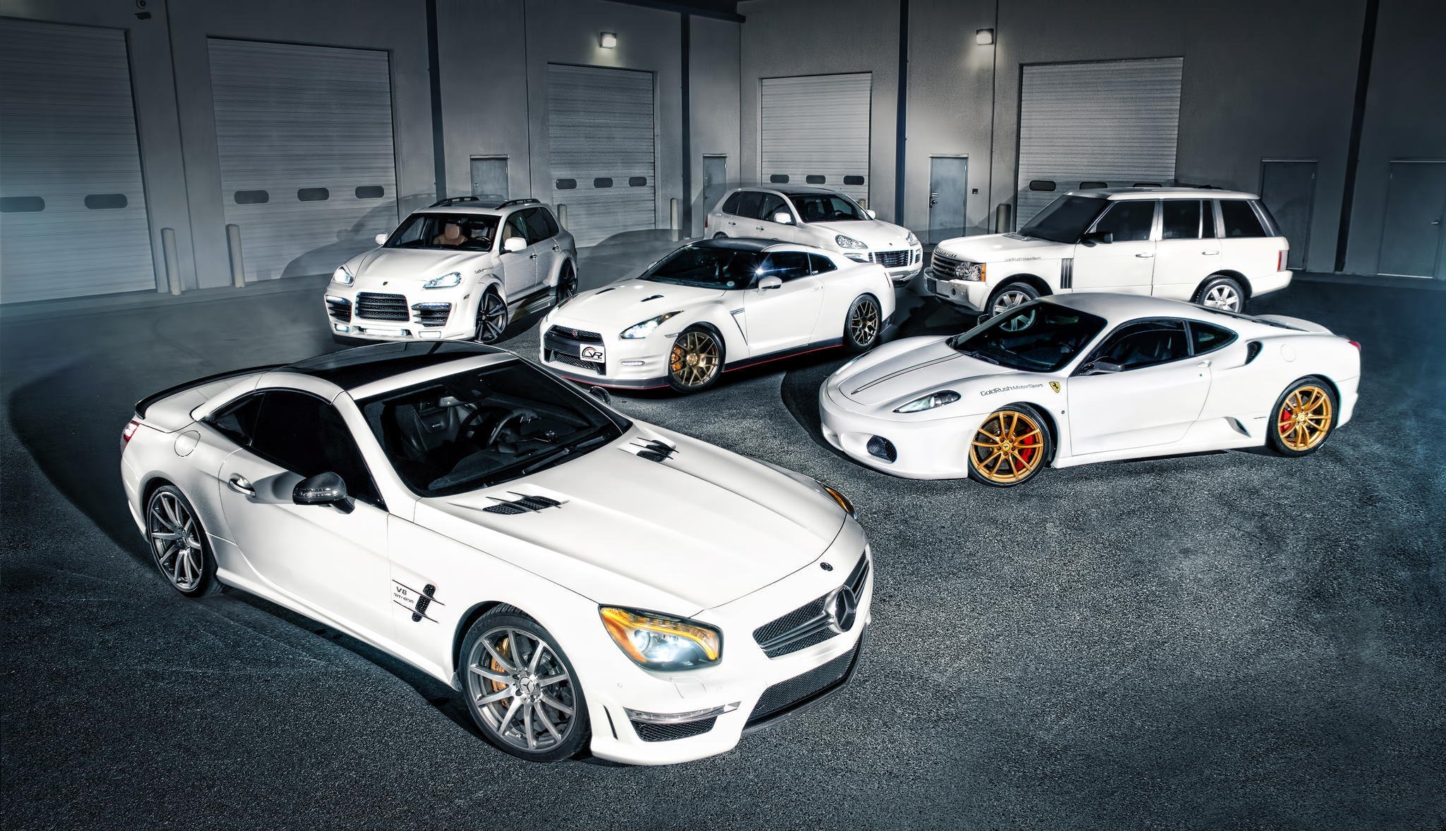 mercedes-benz sl-klasse sl ferrari f430 nissan gt-r porsche cayenne land rover range rover white