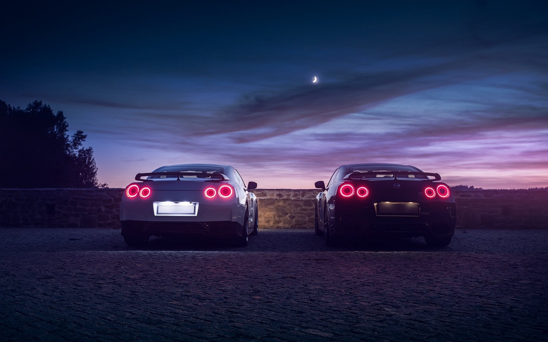 nissan r35 rtm noir blanc lumières nigth arrière lune ciel