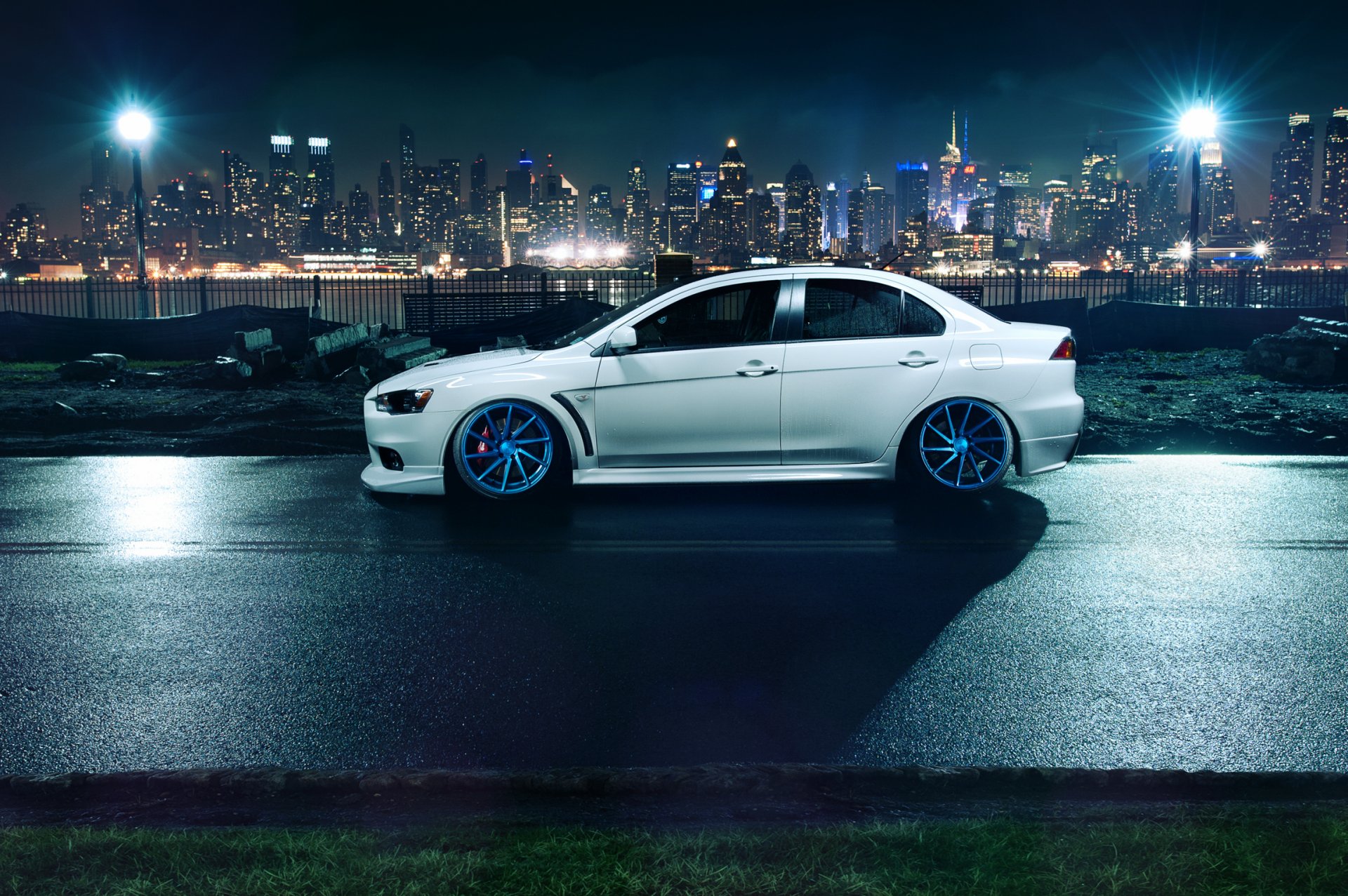 mitsubishi beruf evolution x vossen räder weiß profil mitsubishi lancer evolutionäre lichter stadt metropole nacht