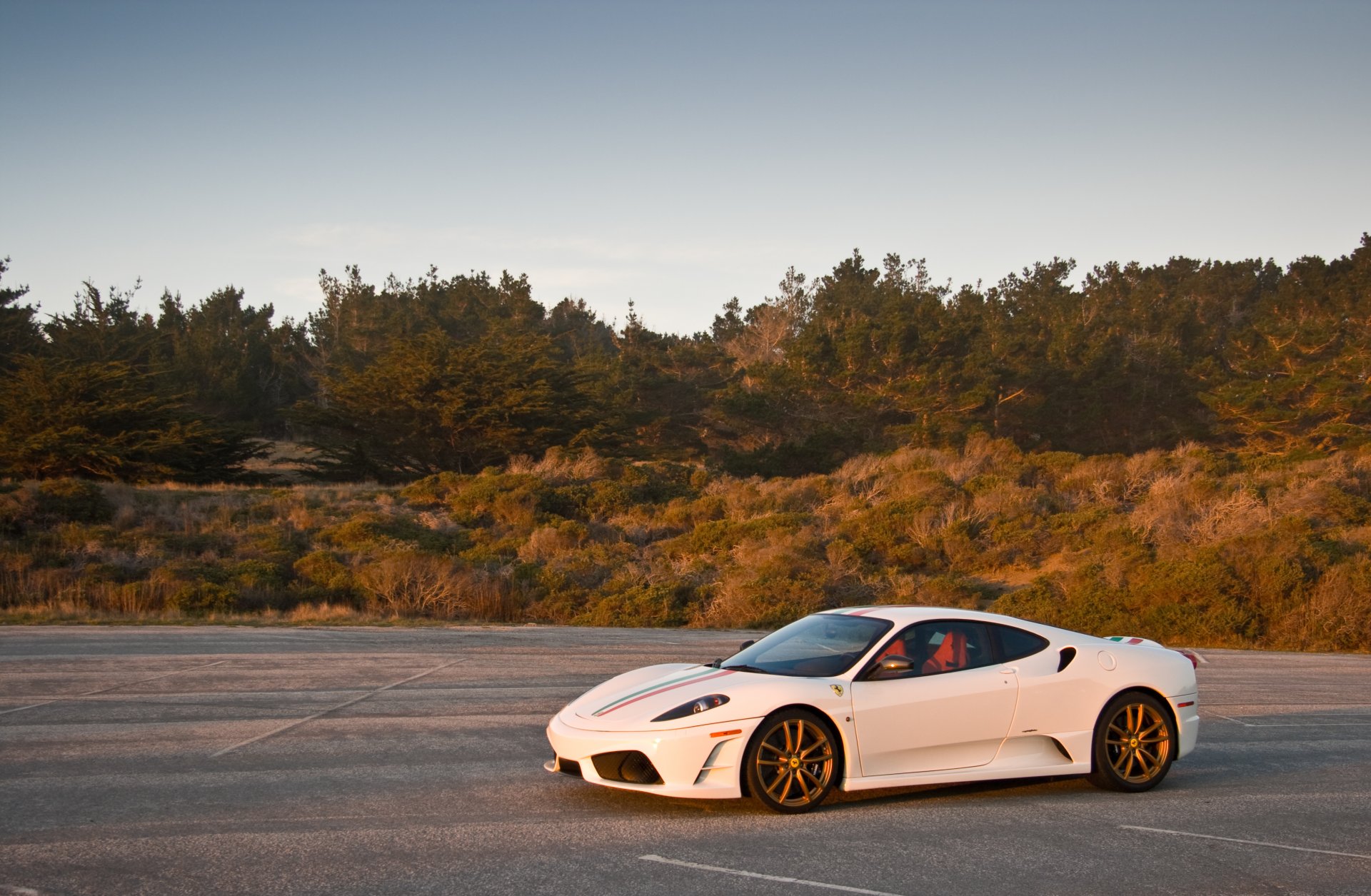 ferrari f430 scuderia blanco ferrari f430 scuderia vista lateral asfalt sombra hierba árboles cielo