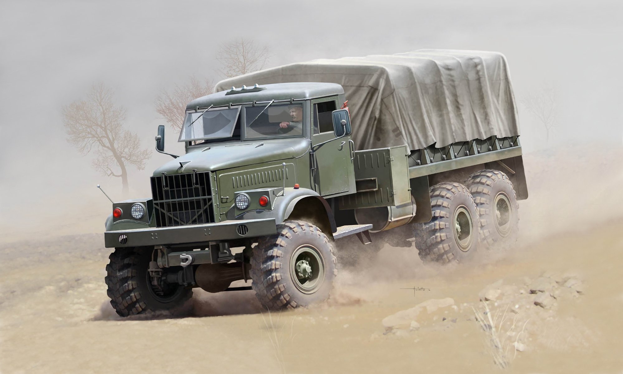 art kraz-255 camion voiture véhicule tout terrain à roues formule 6x6 . libération série krementchoug automobile usine puissant économique moteur yamz-238 large profil pneus système régulation pression urss peintre vincenzo auletta