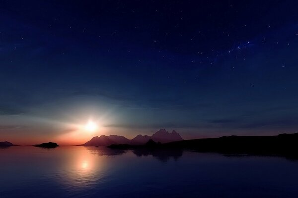 Puesta de sol en la orilla del lago. Cielo estrellado