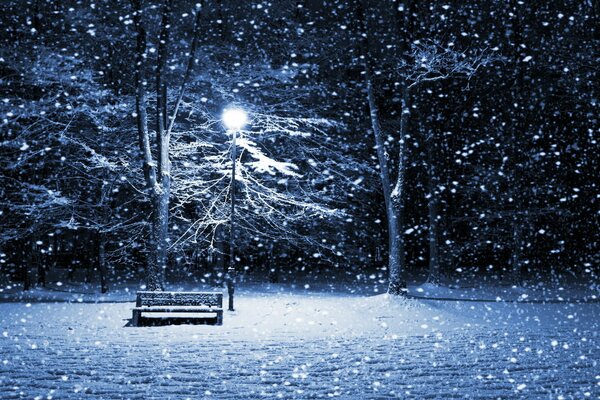 Winter evening, beautiful snowfall, blizzard, very romantic