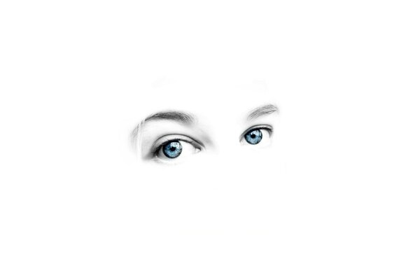 Mirada de ojos azules sobre fondo blanco
