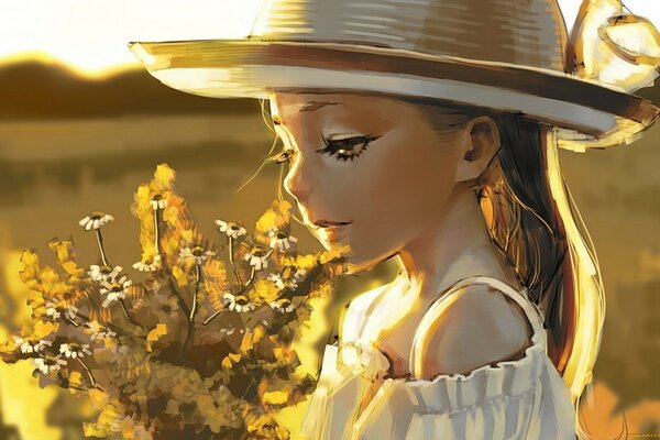 Girl with flowers in the field drawing