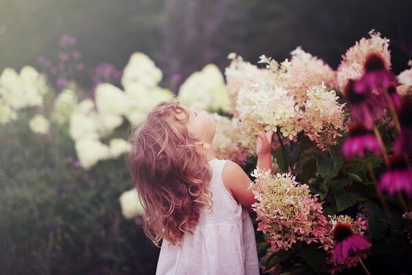 Linda chica oliendo flores. Una foto inspiradora. Los niños son las flores de la vida. Chica con vestido blanco en colores