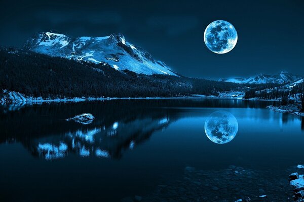 Full moon reflected in a mountain lake