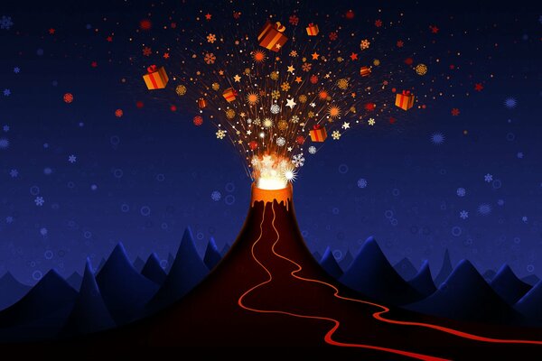 Red Volcano explosion with gifts