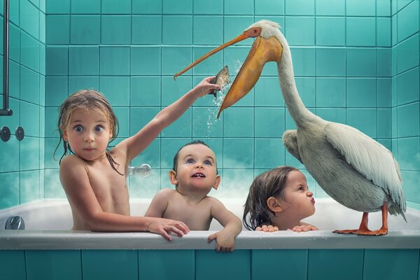 Beautiful kids bathe in the bathtub