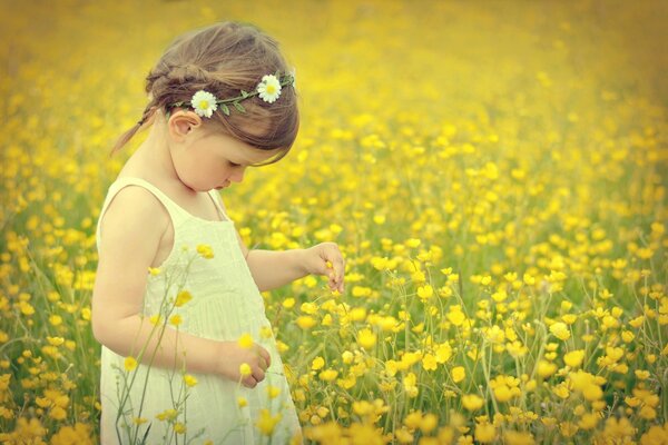 Niña en el campo recogiendo flores