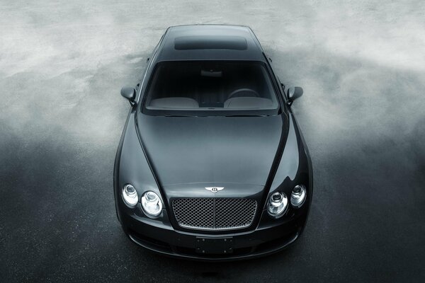 Frente a un Bentley sobre un fondo gris