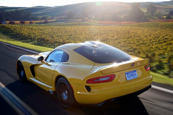 Yellow sports car at speed