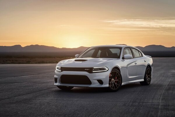 A white car stands against the sunset background