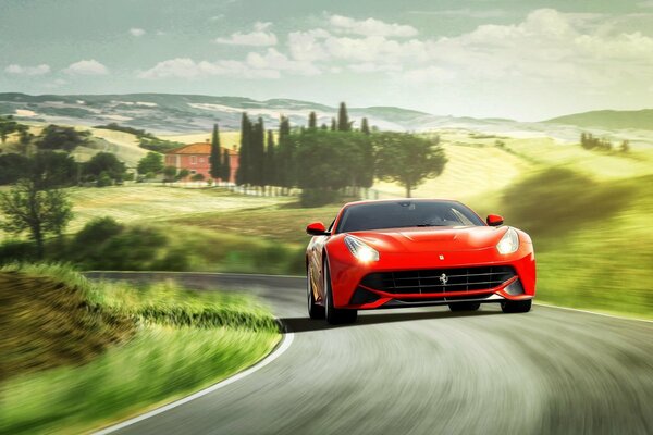 Яркий красный Ferrari Berlinetta едет по дороге