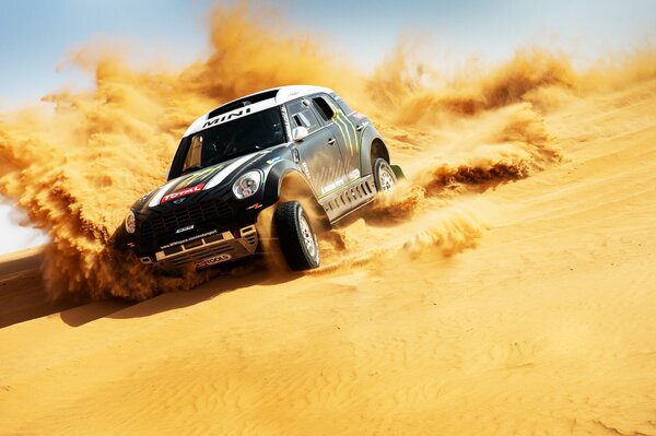 A sports car in the desert rides on sand