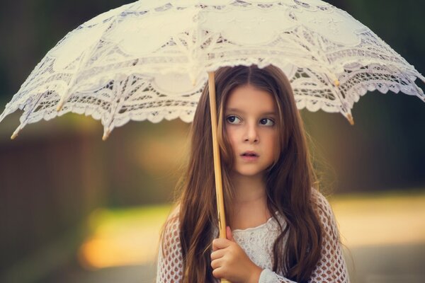 Девочка с длинными волосами под зонтом