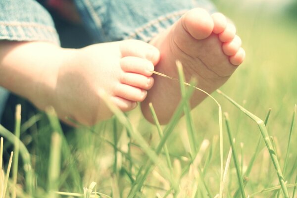 Gambe del bambino sullo sfondo dell erba