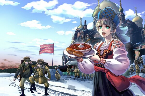 A girl treats soldiers with borscht in winter