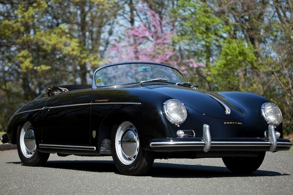 An old black Porsche stands against the background of trees