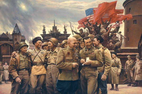 I soldati statunitensi e sovietici si rallegrano della vittoria