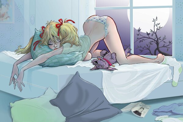 Zeichnung eines schlafenden Mädchens auf einem Bett am Fenster