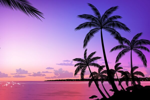 Pink ocean with palm trees on the shore