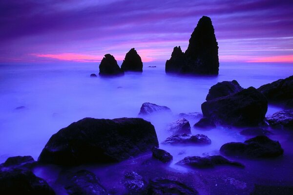Rocks in the fog. Purple sky