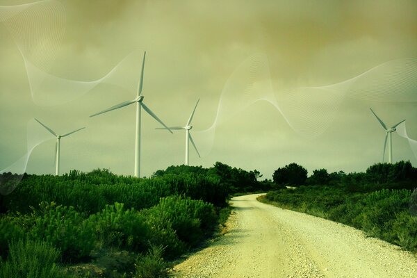 Molinos de viento cerca de la carretera con hierba