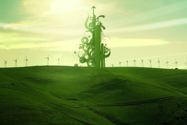 Windmills in the field with green treatment