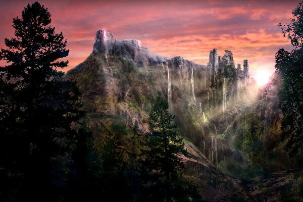 Berge und Wasserfall wie aus einem Science-Fiction-Film