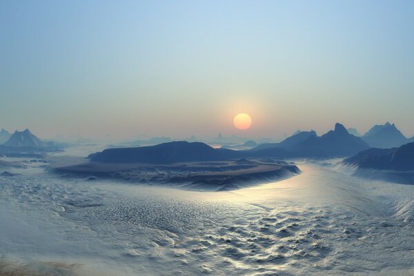 Puesta de sol en un mundo de hielo y frío