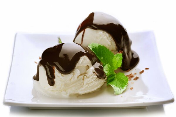 Два шарика мороженого на тарелке облитые шоколадом с листиками мяты