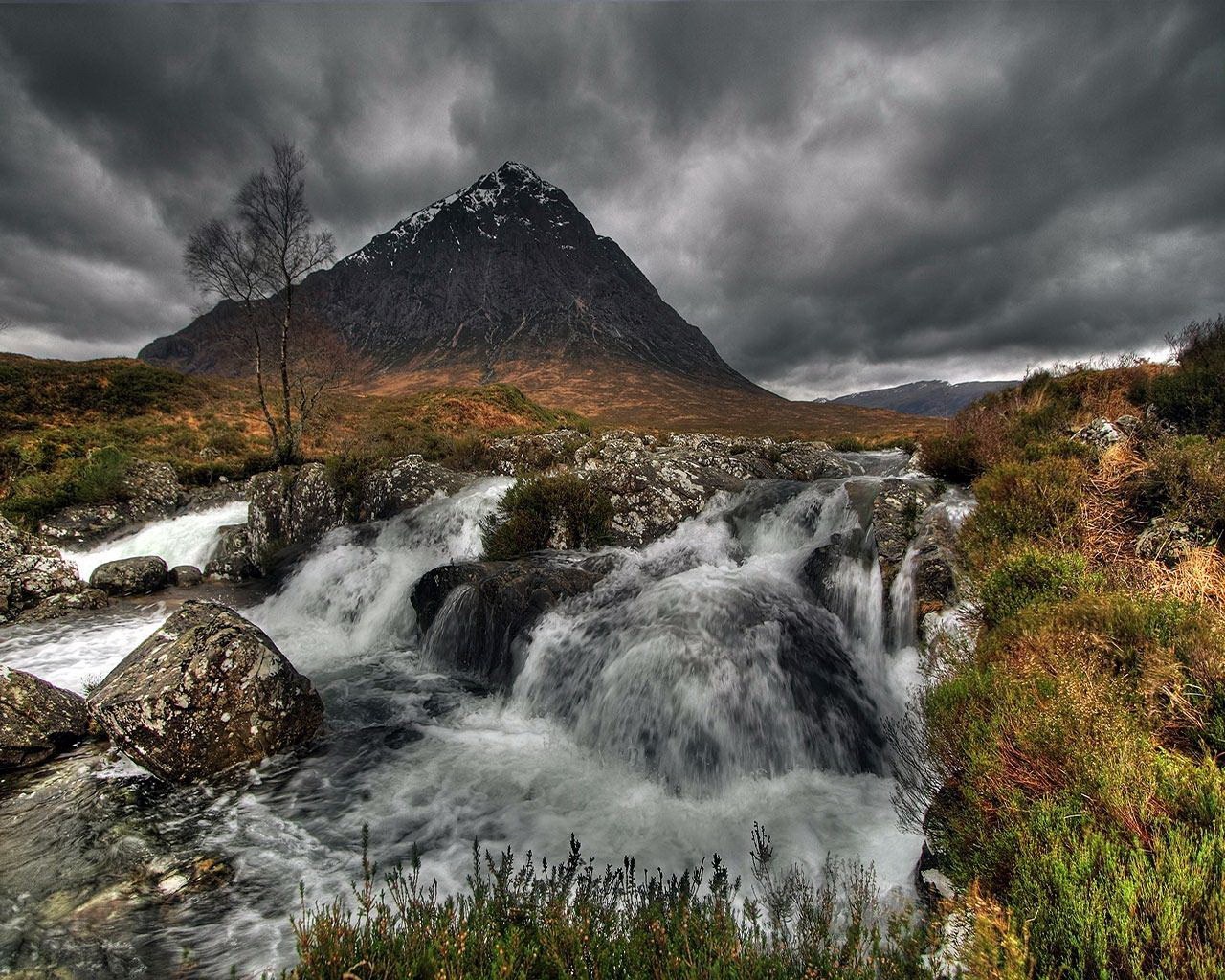 waterfall mountain grass clouds tree