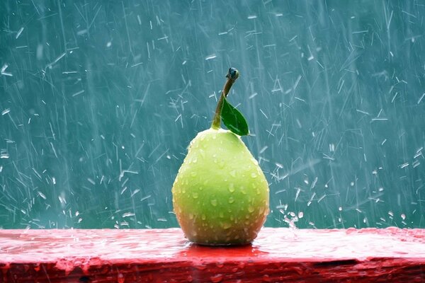 Poire sur le banc sous la pluie