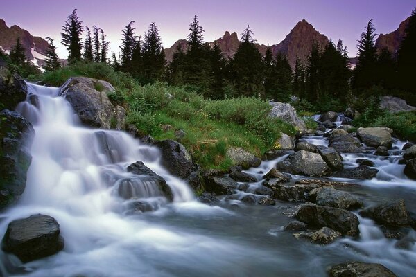 Cascada entre piedras y hierba en las montañas